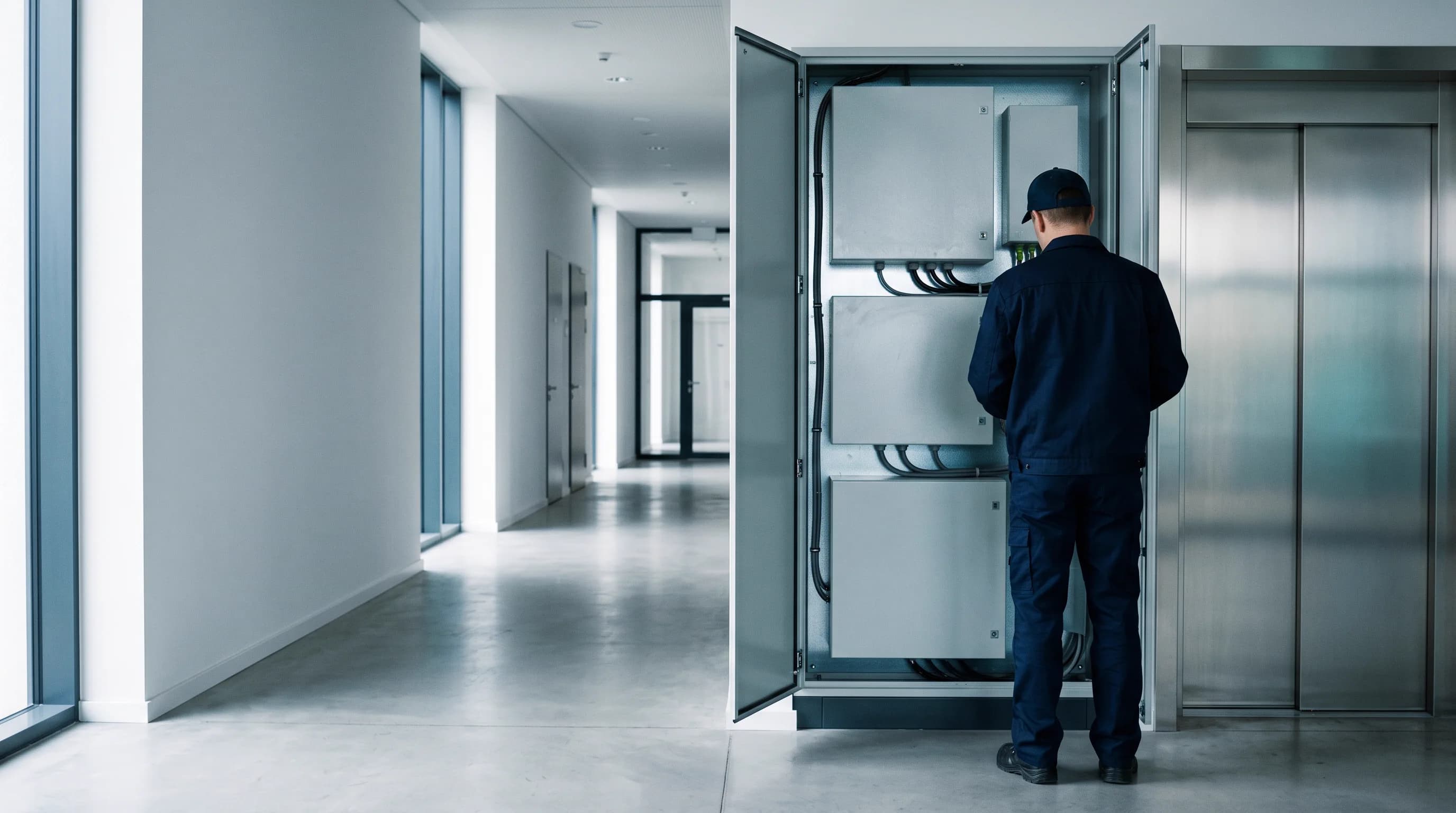Technicien observant une installation d’ascenseur dans une cabine moderne